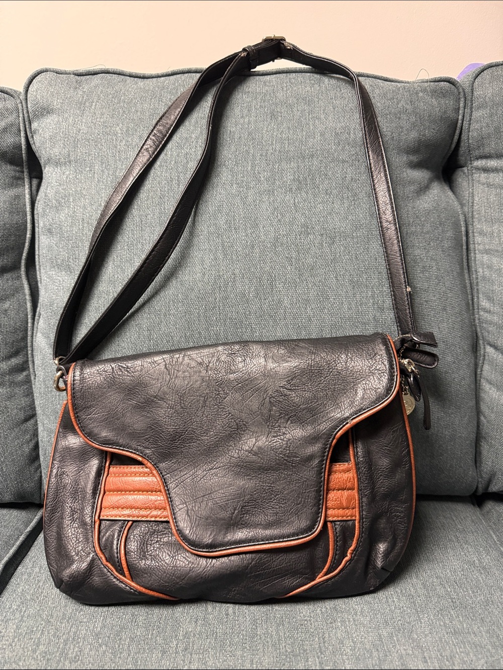 Big Buddha Black Crossbody with Tan Trim and Accent Panels